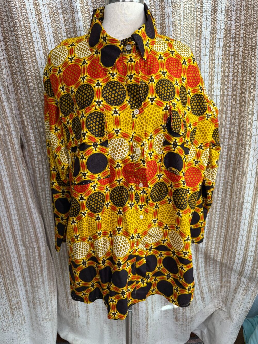 Grass-Fields Size 22 African Ankara Print Button Down Shirt Tunic Yellow Red